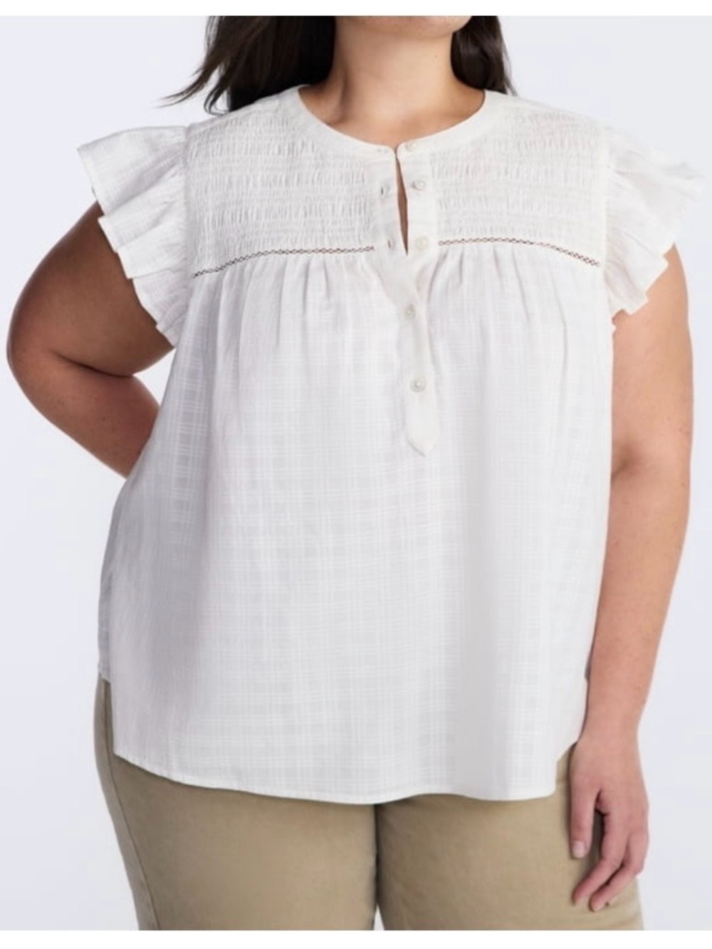 Terra & Sky Women's Smocked Yoke Blouse with Flutter Sleeves
Winter White Sz. 2X